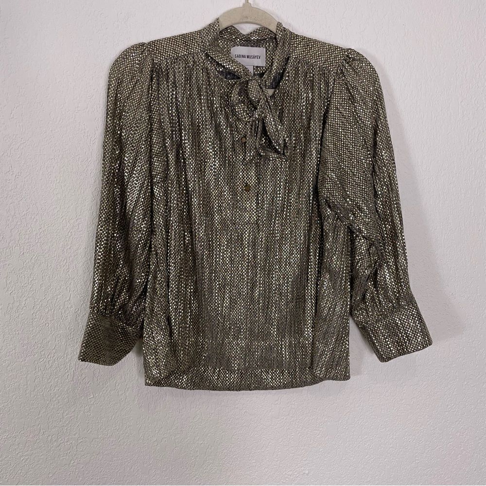 Sabina Musayev Grey with‎ Gold Checkered Button Front Long Sleeve Blouse Top XS
